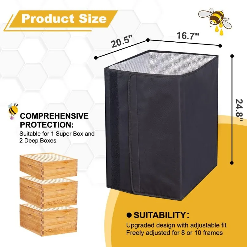 AS60-Black Oxford Cloth Adjustable Beehive Wrap, 2PCS Winter Bee Design For 8 And 10 Frame Honeycombs- Waterproof Windproof Cove