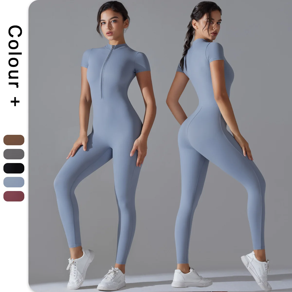 Solid Zipper Short-sleeve Yoga One Piece Women Thin Dance Workout Rompers Fitness Overalls Sports Yoga Jumpsuits Gym Bodysuits