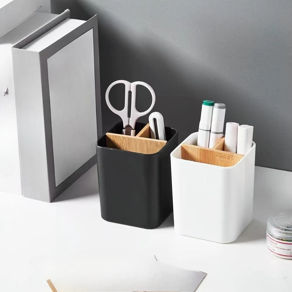 Bamboo and wood separated storage box office desktop creative pen holder toothbrush toothpaste storage bucket makeup