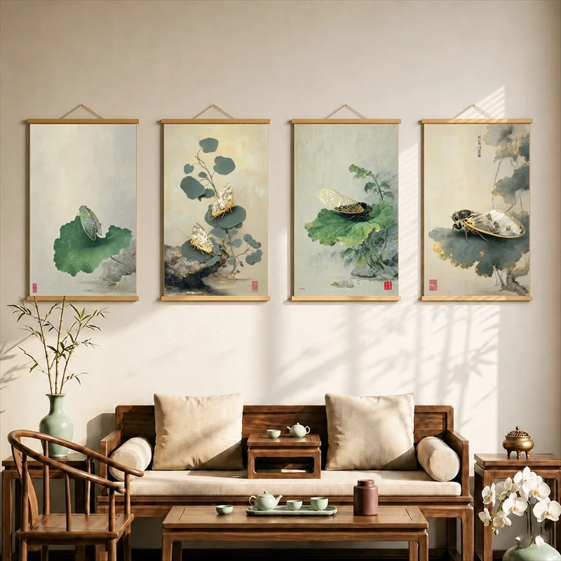 Lotus Leaves and Cicada Canvas Wall Art Hanging Scroll Minimalist Zen Botanical Print with Wooden Rods for Living Room