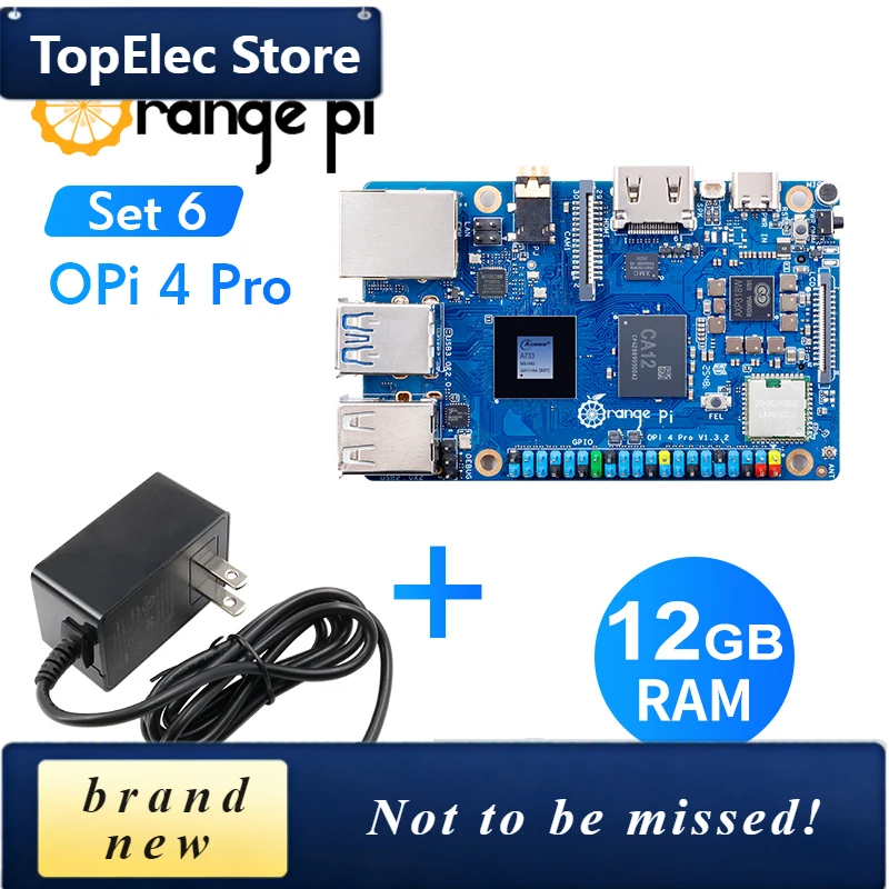TopElec Orange Pi 4 Pro 12G+5V3A TypeC Power Supply Allwinner A733 DDR5 Single Board Computer WiFi+BT M.2 PCIE SSD 3TOPS NPU Min