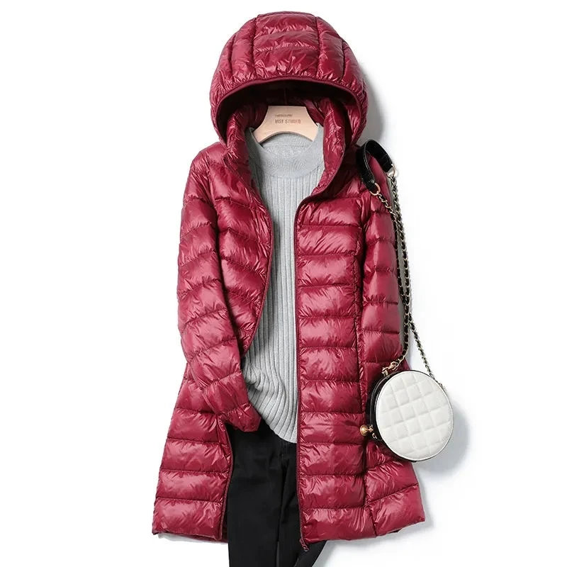 Chaquetas ligeras de plumón de pato para mujer, abrigo informal largo ultraligero, Parka con capucha, 90% plumón de pato blanco