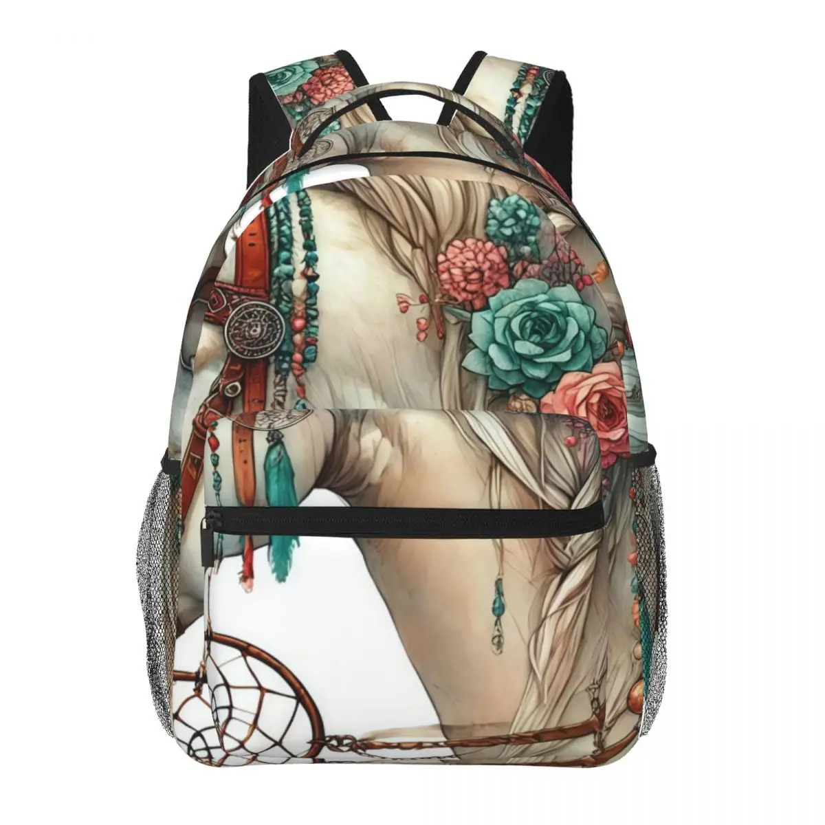 Heart School Backpack Clustered Horse Dreamcatcher Feathers Roses Boho Western White Teal Pink Casual Daypack for School Work