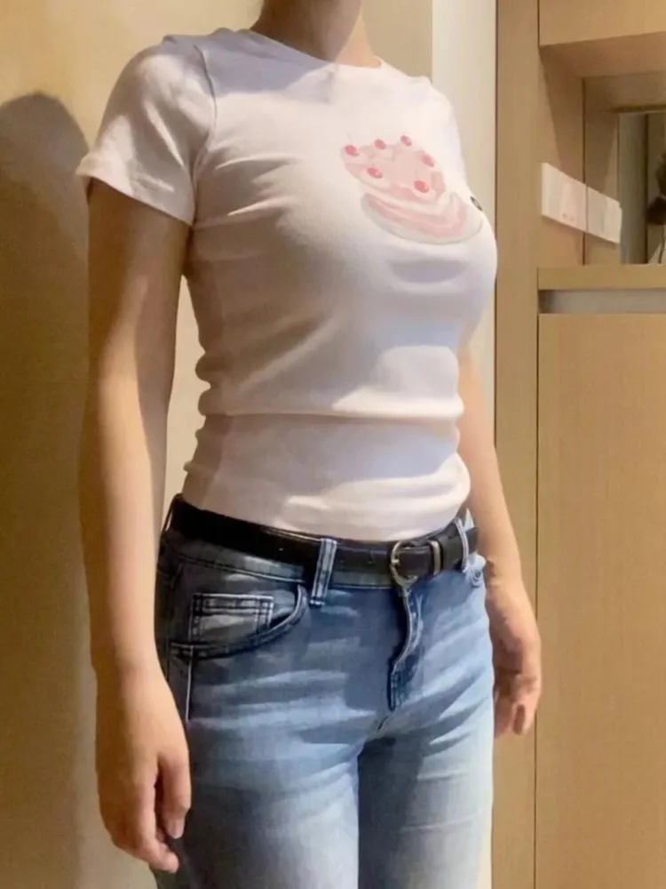 Cherry Cake Print Sweet Cute Summer T-shirts 2024 New Round Neck Ribbed Short Sleeve Tees Female Casual Tight Tshirt Tops Y2K