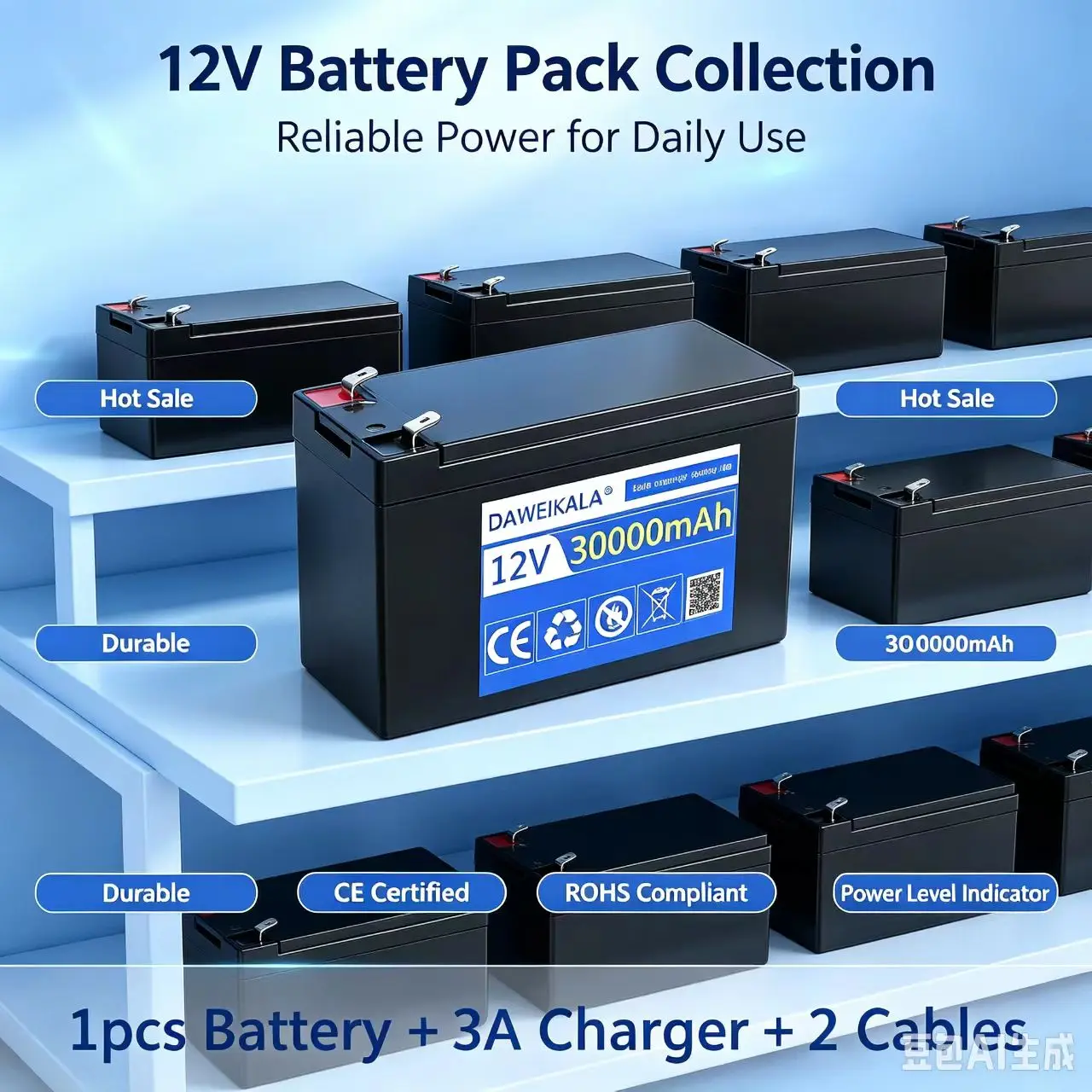 Daweikala 12V 30000mAh Tragbarer Wiederaufladbarer Akku, Multifunktionale Stromversorgung für USV, Notbeleuchtung, Outdoor-Elektronik, EU-Lager 7 Tage Lieferzeit
