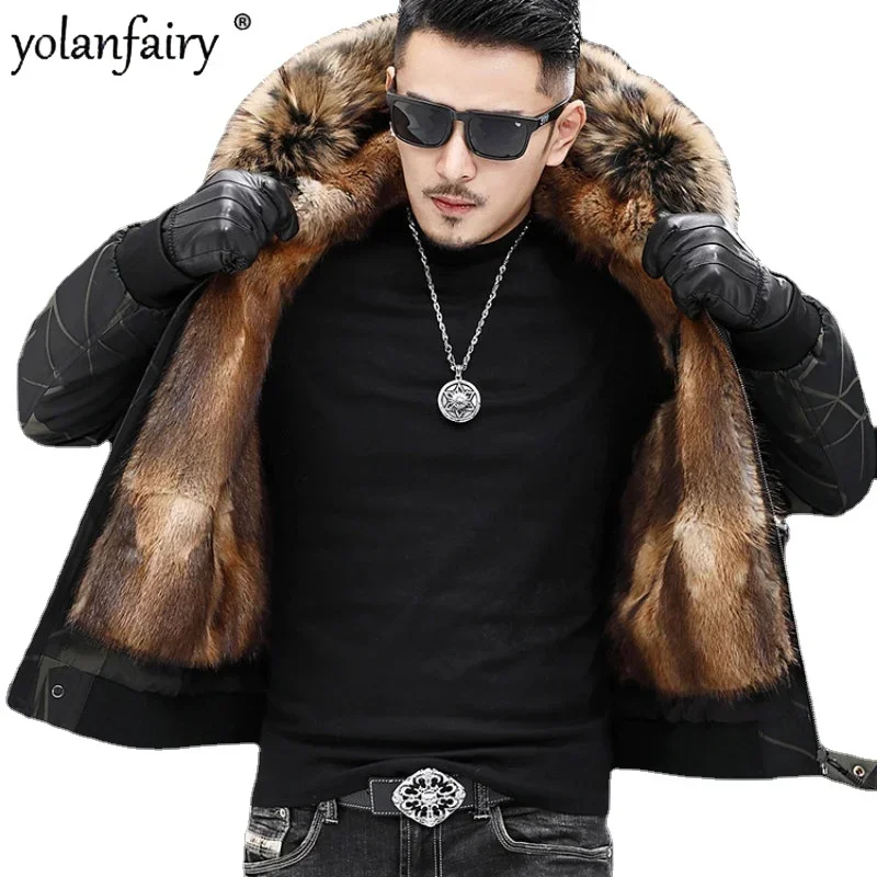 Parkas Men Fur Jacket Coat Men's Green Root Mink Inner Jackets Man Raccoon Fur Collar Hooded Whole Mink Real Fur Coats FCY4736