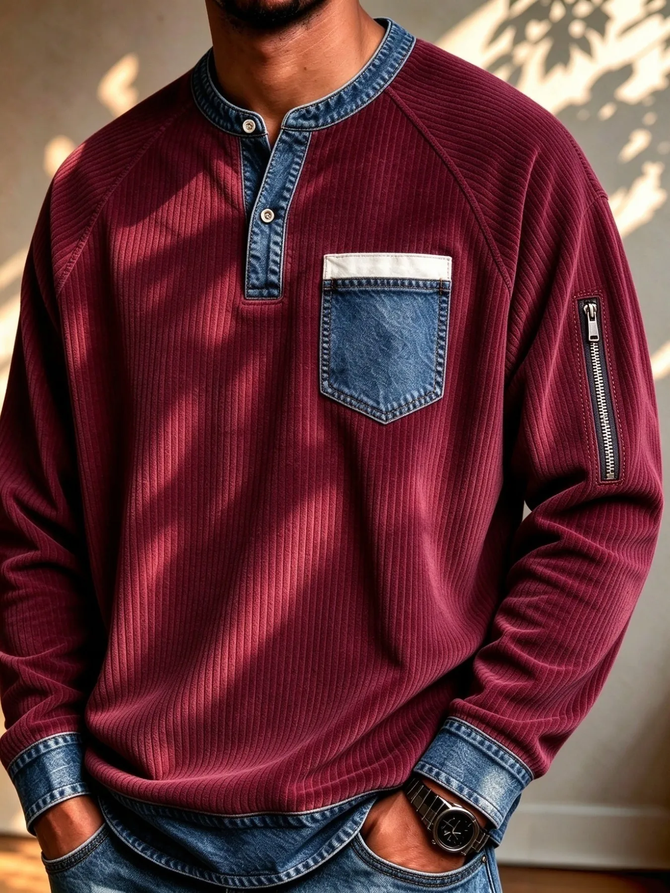 Men's Retro Denim Spliced Stand Collar Long Sleeve Polo Shirt, Casual Sport Tops, Loose Streetwear Pullover for Autumn Daily