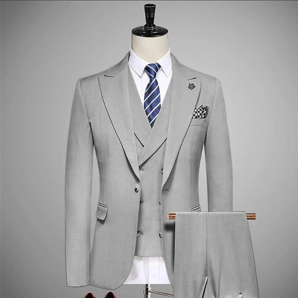 

XS-5XL Formal Men's Busines Slim Fit Pants 3 Pieces Blazer+Vest+Pants Mens Coat Jacket Peak Lapel Solid Groomsmen Flat Suit