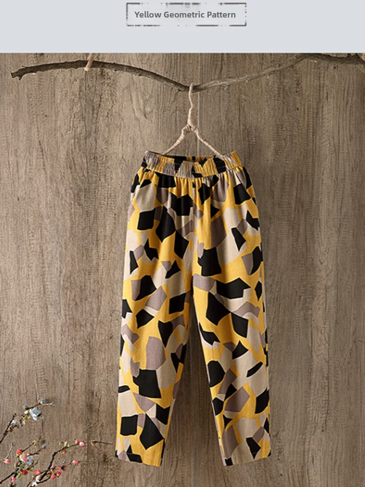 مزيج القطن المطبوعة الحريم السراويل النسائية تسعة قطع رقيقة أمي السراويل الصيف عارضة عالية الخصر فضفاضة تناسب الكورية Sle #4