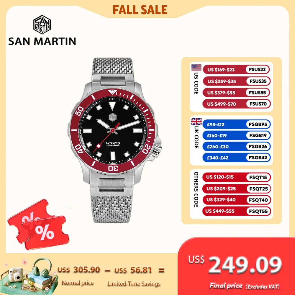 San Martin 39,5 mm Armbanduhr für Herren, automatische Sport-Taucher-Armbanduhr, 20 Bar, Selbstaufzug, Milanaise-Mesh-Armband, BGW-9 Lume SN0085B