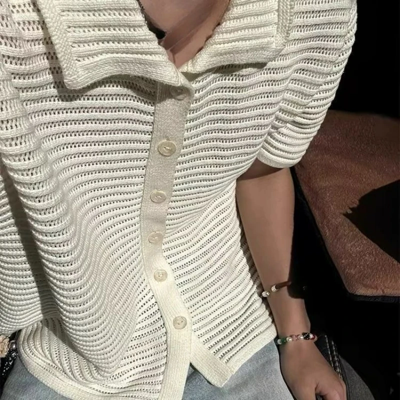 

Off-white Old Money Wind Cleanfit Shirt Men's Summer Hollow Knitted Short-sleeved Cardigan High-end Trendy Jacket Temperament