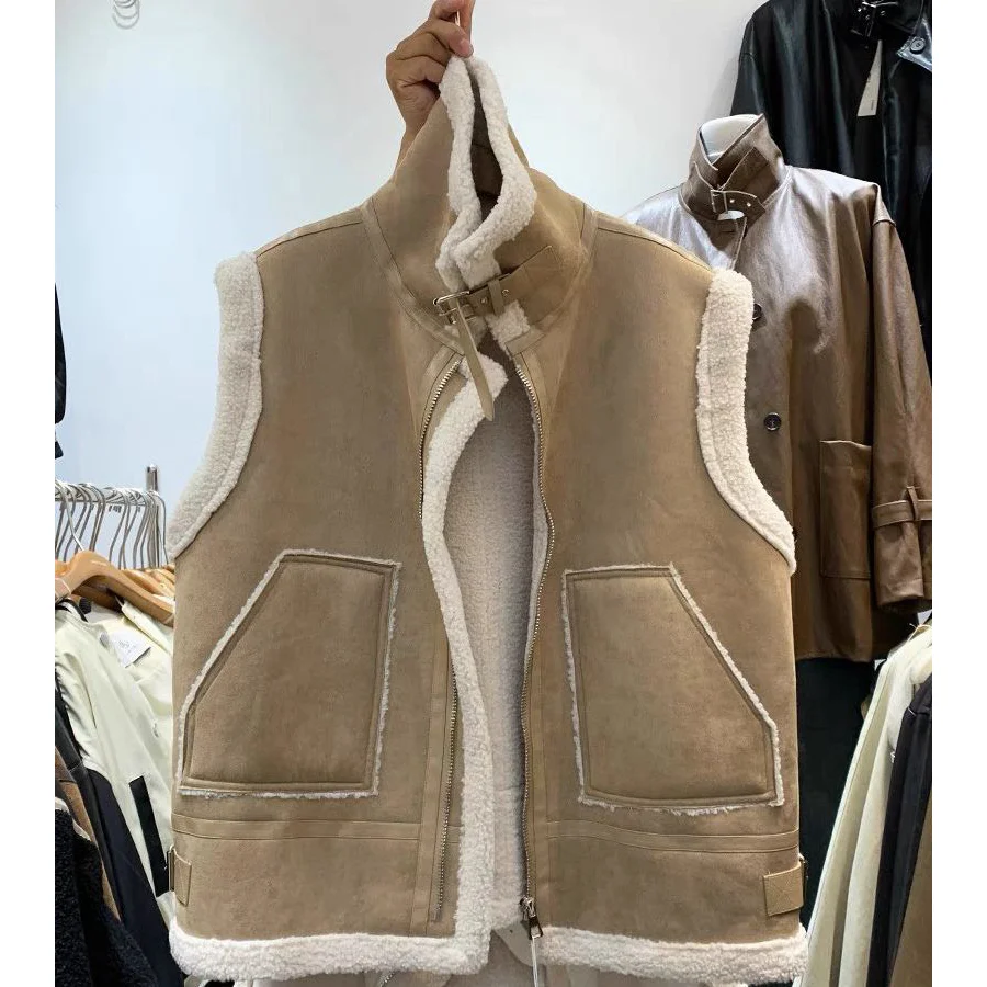 2025 Autumn and Winter New Hairy Vest Women's Thick Standing Collar Stacked Warm Jacket