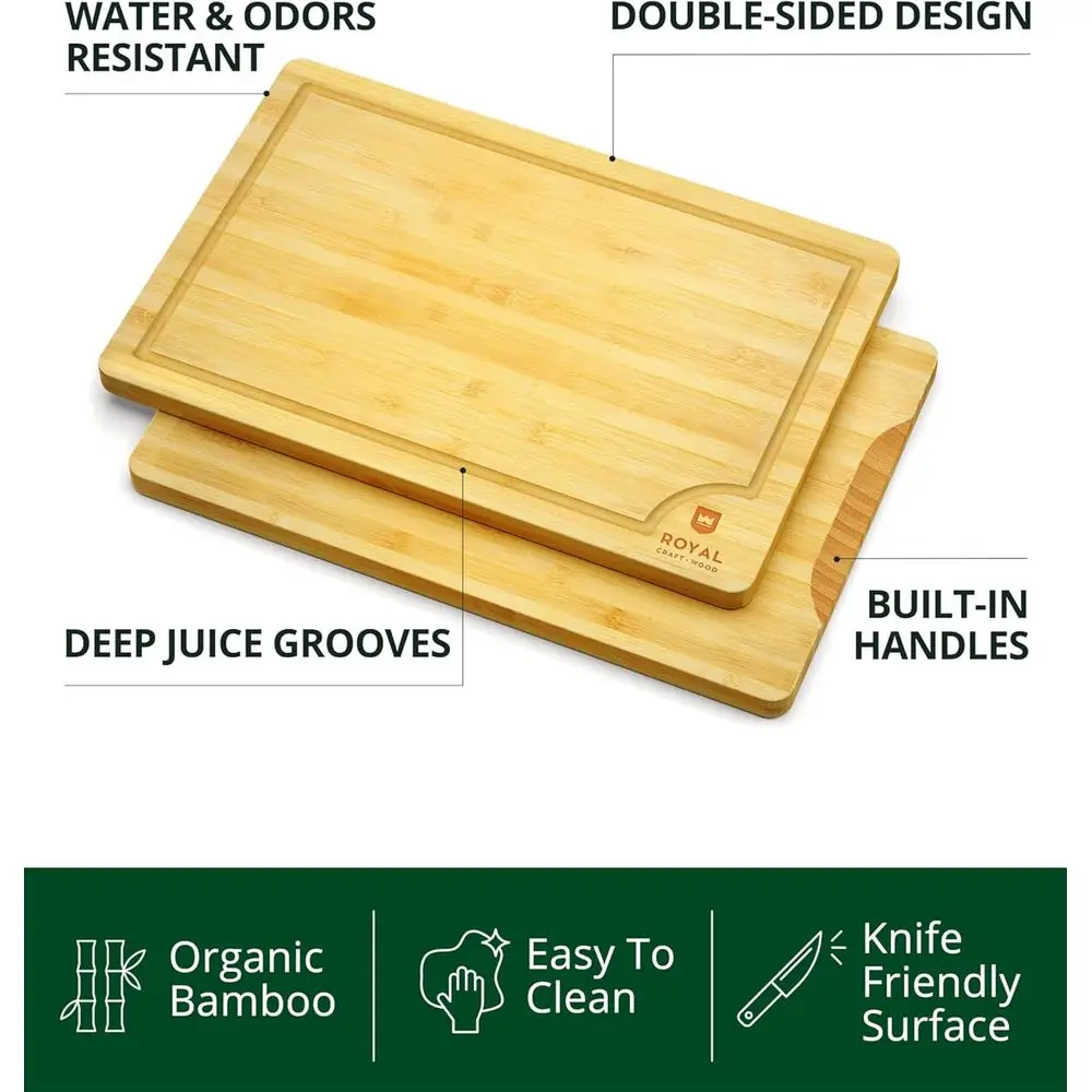 3-Piece Reversible Bamboo Cutting Board Set with Deep Groove & Handles - Premium Charcuterie Boards for Kitchen Gifts
