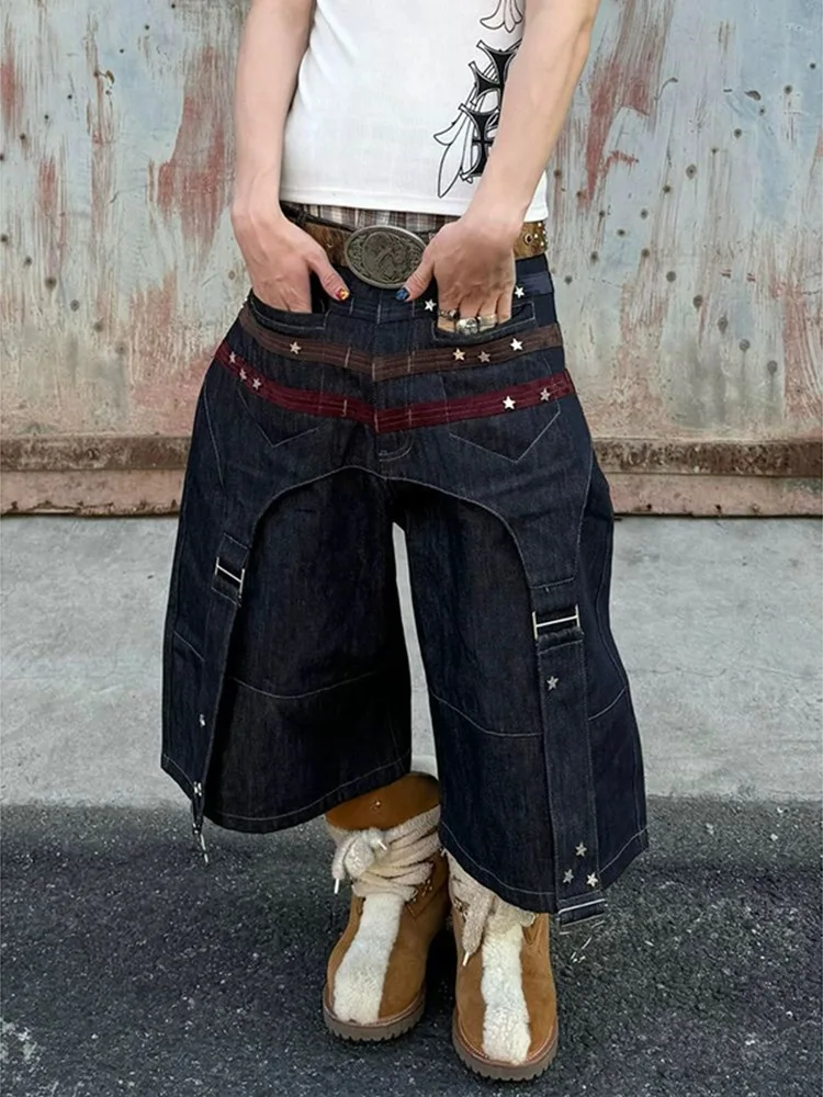Siren Chic American Retro Heavy Design Style Star-Shaped Button-Up  Girls Patchwork Spliced Wide-Leg Three-Quarter Length Denim
