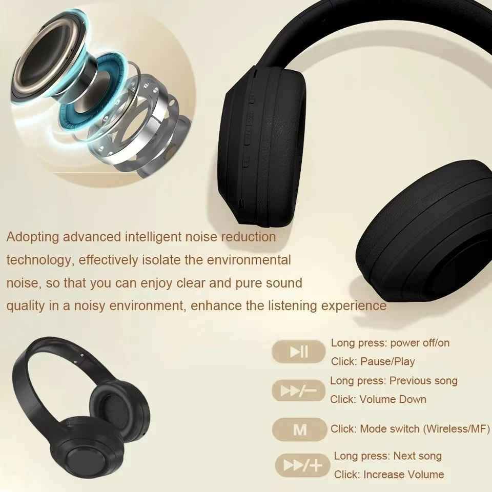 9D Surround Bass Headsets Wireless Bluetooth 5.3 Headphones Over Ear Noise Reduction Sports Gaming Earphone with HD Mic Handfree
