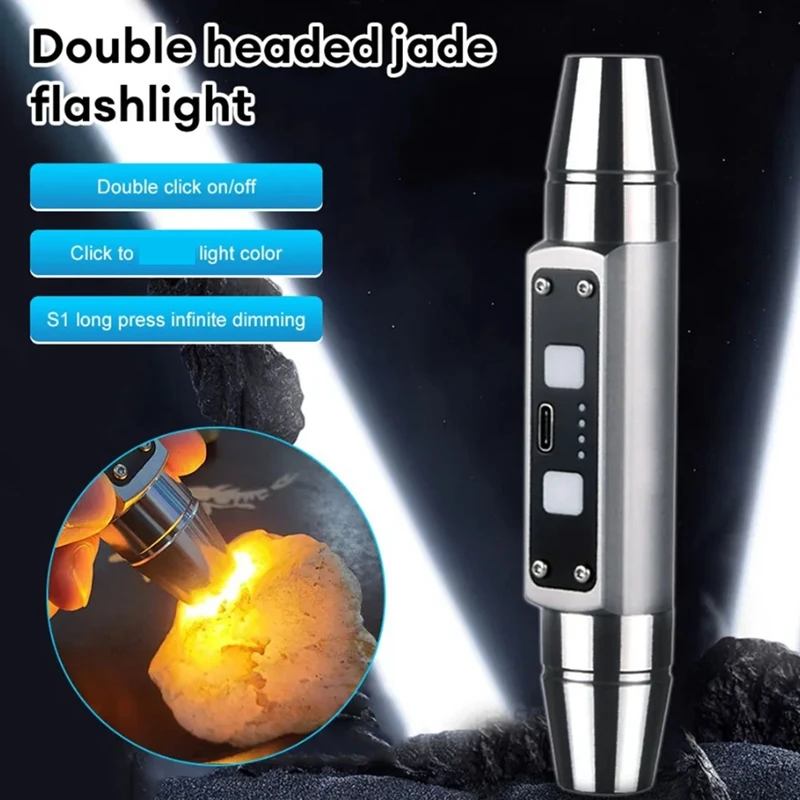 Double Head Jade Flashlight 6 Light Source USB Direct Charging Identification Jewelry Jade Fluorescent Lamp, Silver Durable