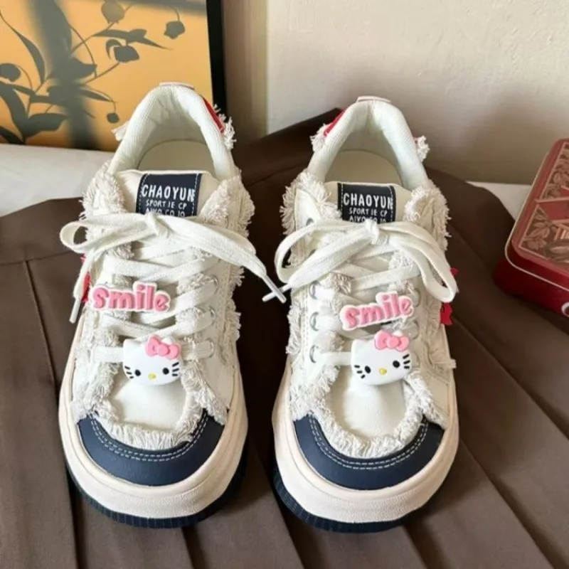 35-40 zapatos de Hello Kitty, zapatos de plataforma con lazo, zapatos blancos, estilo Preppy, zapatillas de plataforma informales versátiles para estudiantes, zapatos de mujer