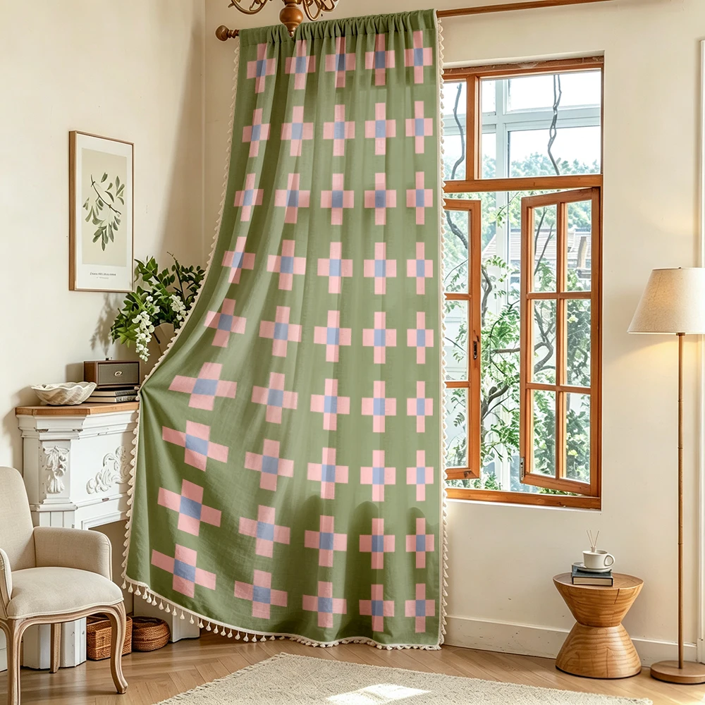 1PC Geometric Tassel Sheer Curtains, Green Pink Blue Cross, Digital Print, Linen Polyester, Bedroom Living Room, Home Decor