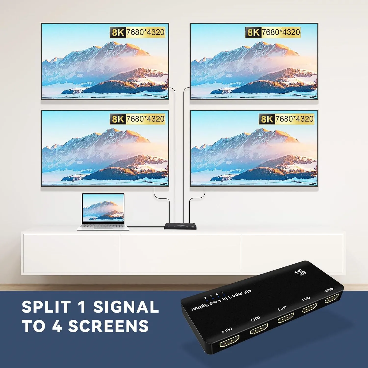 8K HDMI الفاصل 1 في 4 خارج 8K @ 60 هرتز 4K @ 120 هرتز HDMI الناسخ محول 1 إلى 4 إخراج في وقت واحد HD 3D HDCP1.4 ل 4 شاشات