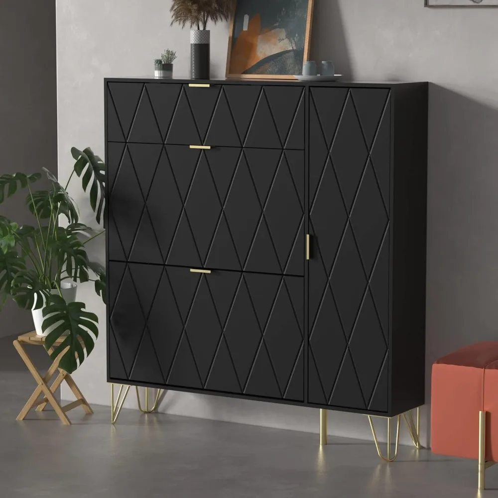 

Shoe Cabinet,Shoes Storage Cabinet with 3 Flip Drawers & Boot Rack,Freestanding Shoes Organizer Metal Legs, Black Entryway Rack