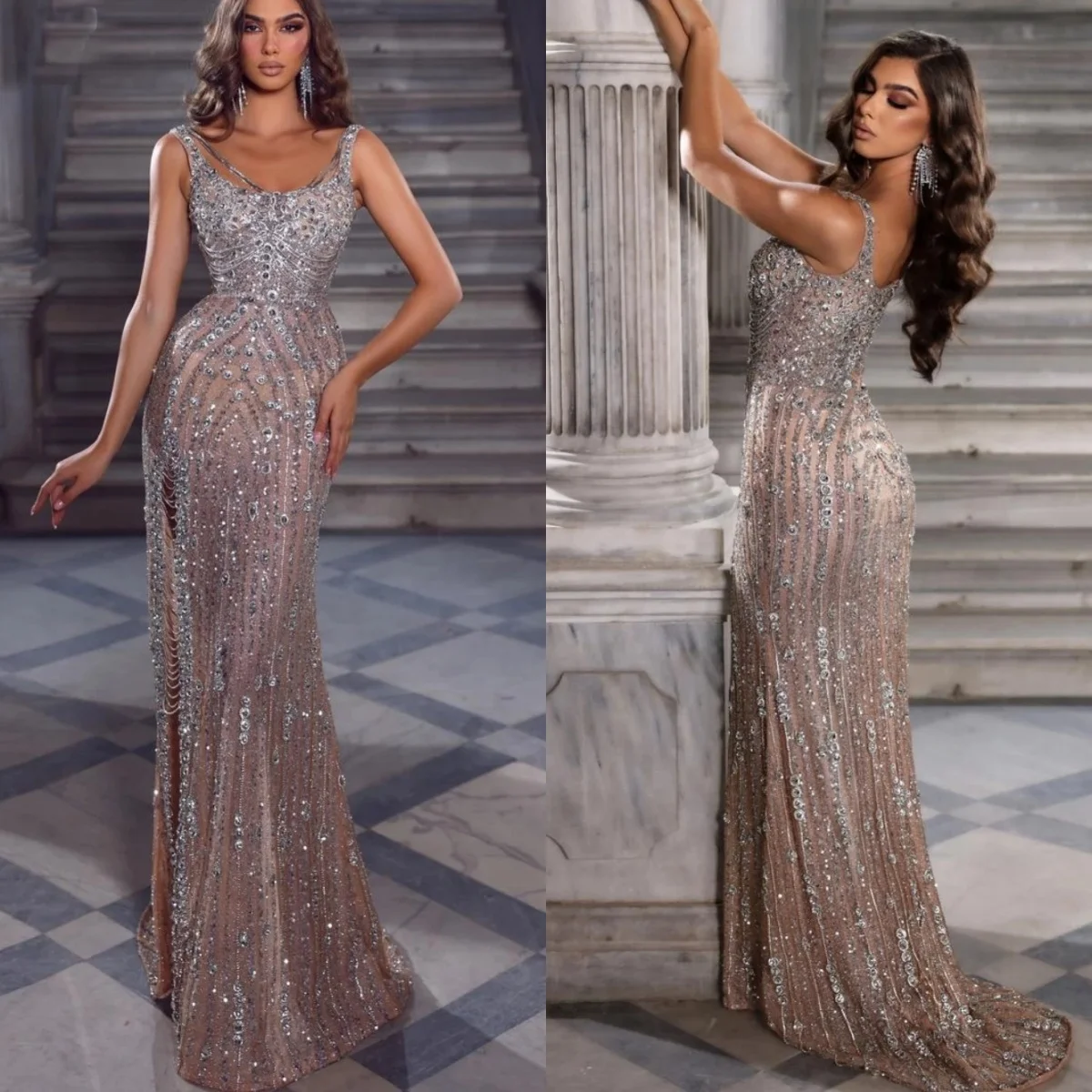 Wunderschönes Abendkleid mit Kristall-Pailletten und Spaghettiträger, bodenlang, für formelle Anlässe, individuell gestaltet