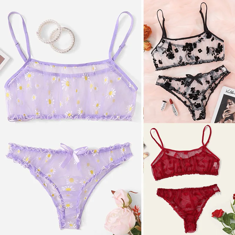 

Erotic Hot Perspective Sexy Lingerie Women Daisy Flower Lace Bra Brief Sets Sexy Underwear Set Erotic Lingerie Sleepwear Woman