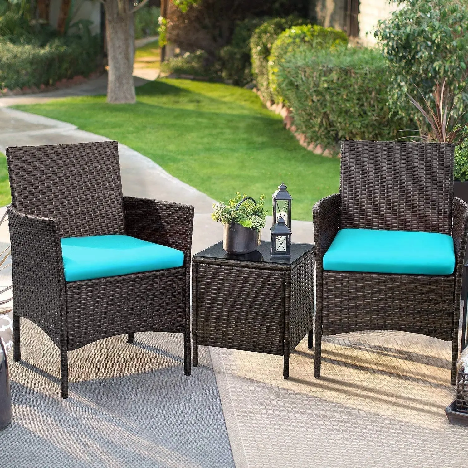 Patio Porch Furniture Sets 3 Pieces PE Rattan Wicker Chairs with Table Outdoor Garden Furniture Sets