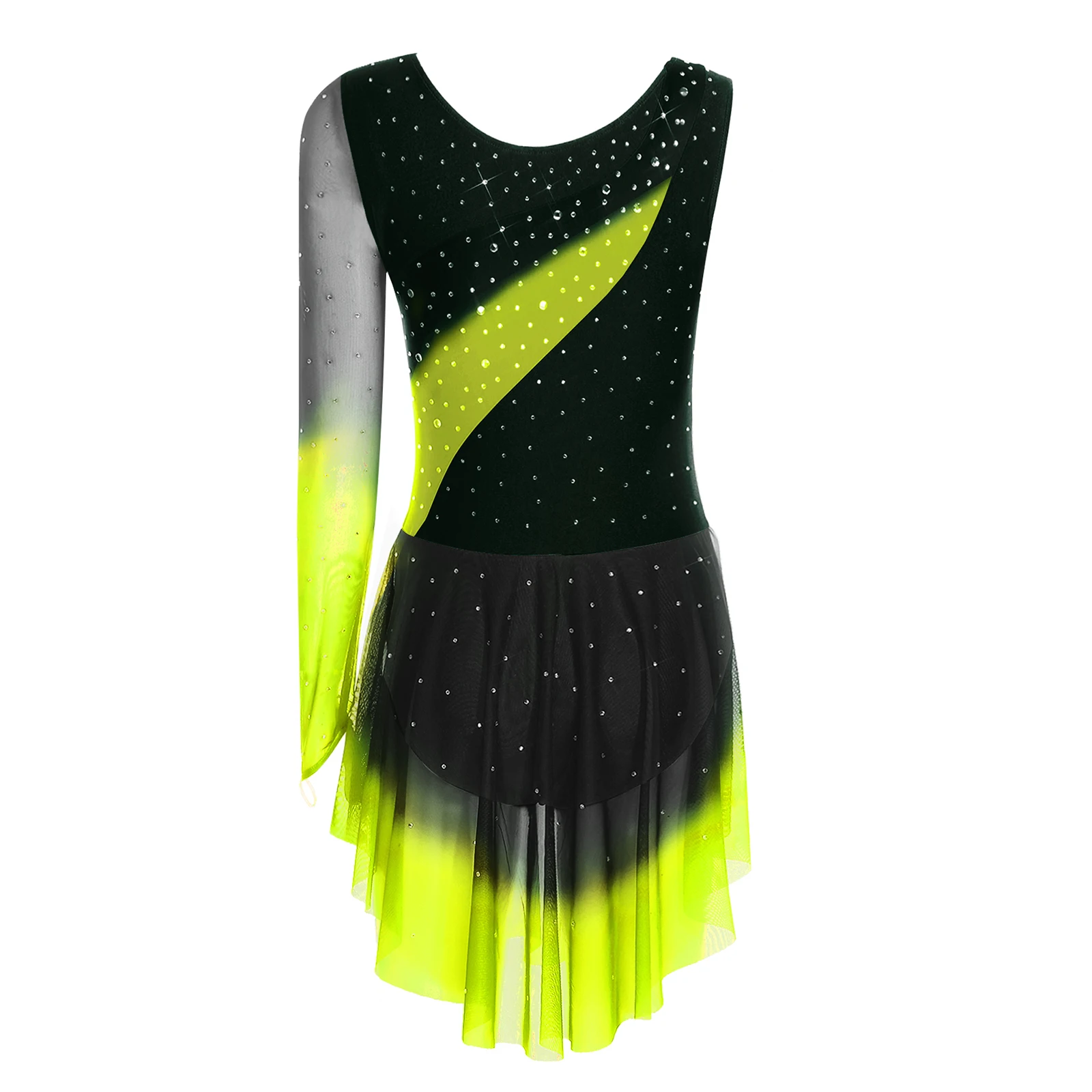 Kostum Senam Wanita Leotard Figure Skating Gaun Tari Lyrical Ballet Gradasi Berhias Rhinestone dengan Kelim Jaring Tidak Beraturan Bodysuit