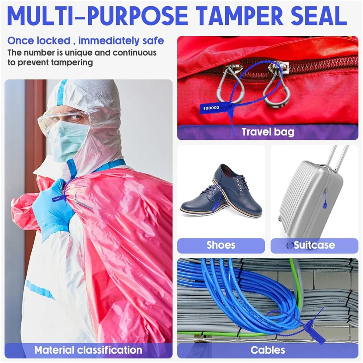 1000 Pcs Plastic Tamper Seals Fire Extinguisher Tags Security Tags Seals Safety Numbered Zip Ties Labels Blue