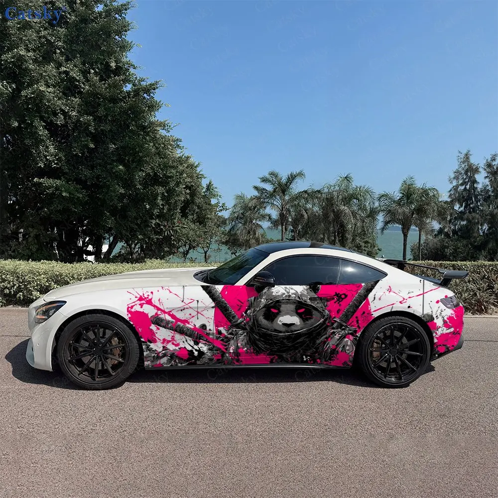 2pcs Ink Wash Style Samurai Panda Car Side Wraps, Self-Adhesive PVC Waterproof & Scratch-Resistant Stickers, Car Accessory Gift