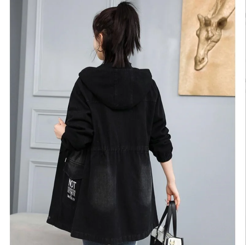Veste en jean à capuche brodée pour femme, manteau en jean Long décontracté coréen, polyvalent, ample, Cowboy, printemps-automne, 2025