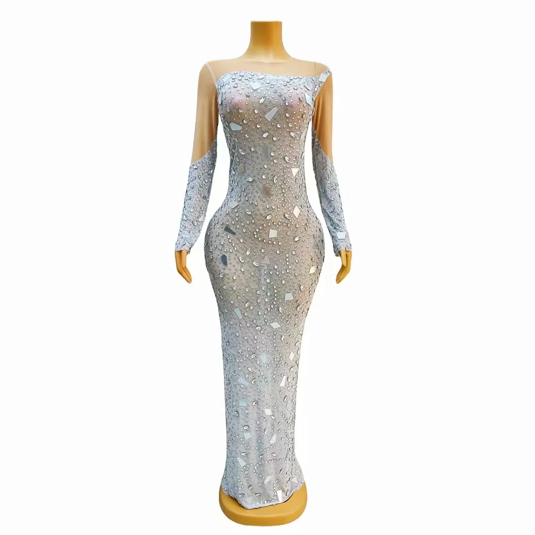 Women Sexy Stage Sparkly Crystals Long DressEvening Party Rhinestones Dresses BirthdayCelebrate Costume Fringes Dress  C218