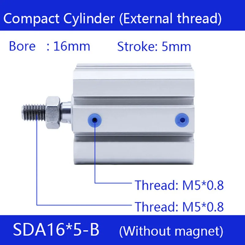 SDA16 Series-B 16mm Bore 5/20/25/30/40/50/60mm Stroke External Thread Compact Air Cylinders Dual Action Air Pneumatic Cylinder