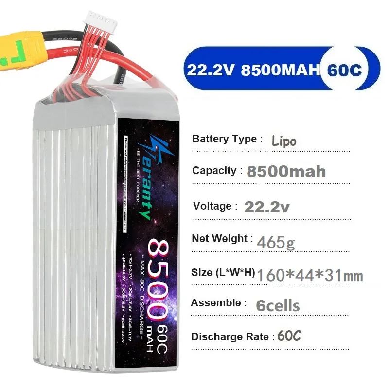 TERANTY 6S 22.2V 8500mAh 60C LiPo Battery For RC Car Boat Drones Quadcopter Helicopter Spare Parts With T XT60 EC5  XT90 EC8