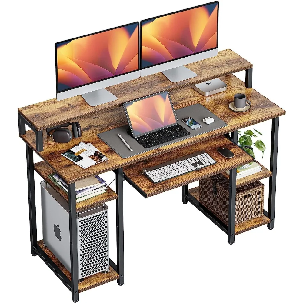 47 Inch Office Desk with Monitor Stand and Storage Shelves, Music Studio Desk Workstation, Work Table for Home Office