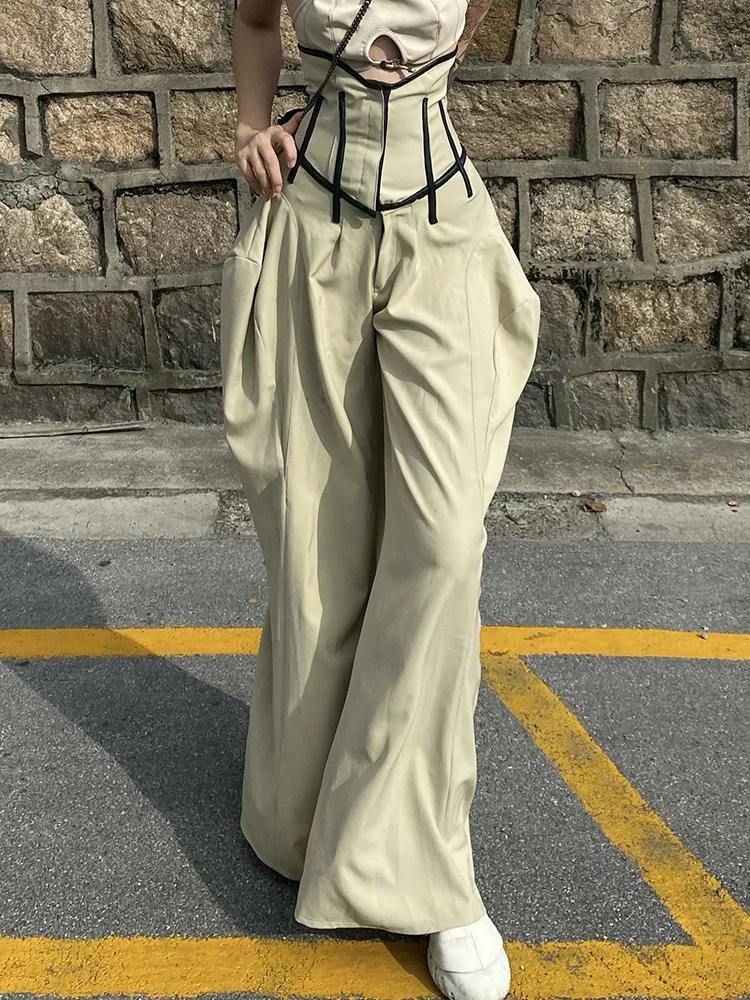 Female Fashion Clothing Style New Spring Patchwork Wide Leg Pants For Women High Waist Loose Colorblock Trousers