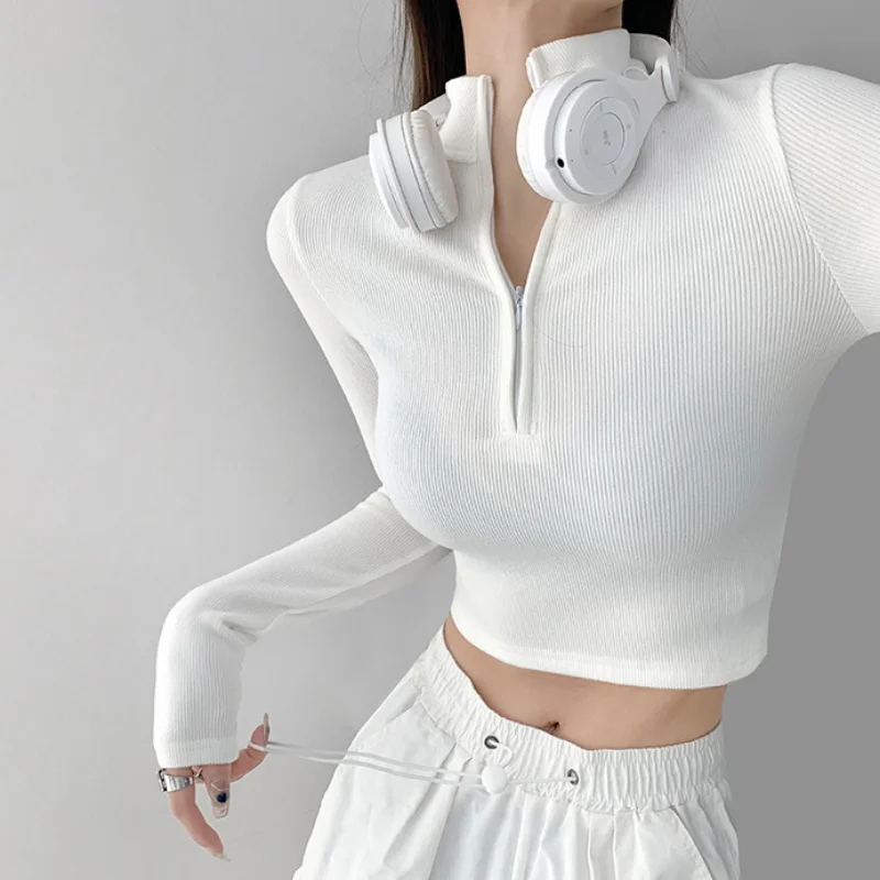 Solid Color Casual T-shirt Women Long Sleeve Turtleneck Crop Tops Sexy Simple Style Party Club 2023 Spring Summer New T-shirts