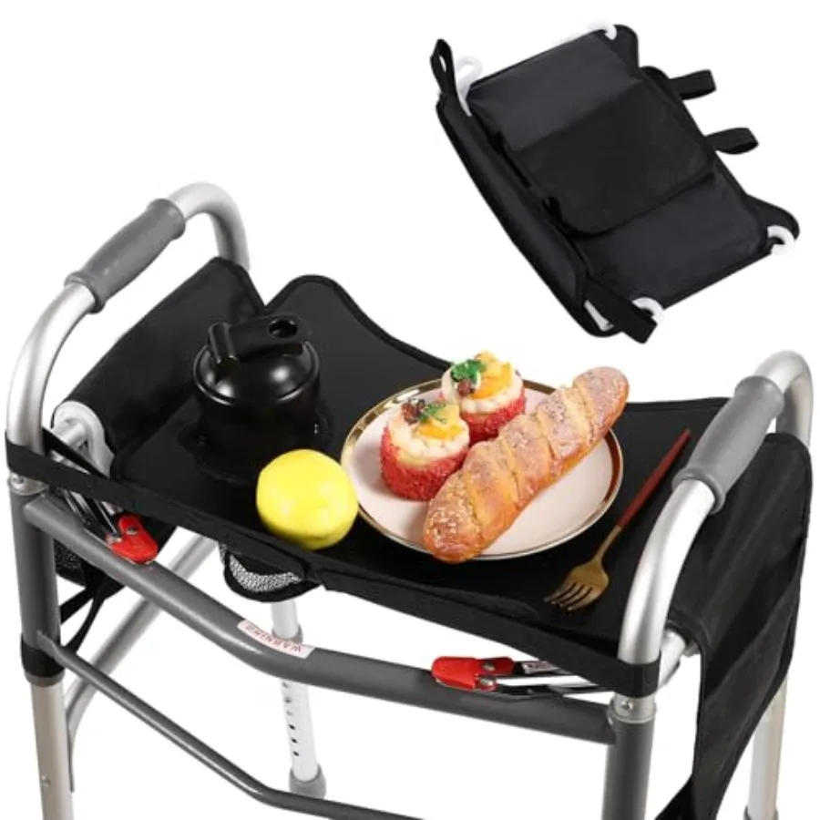 

Hook-On Walker Tray Cup Holder and Tool Free Quick Assembly Non Slip Mobility Table for Seniors Multi Functional Removable Tray