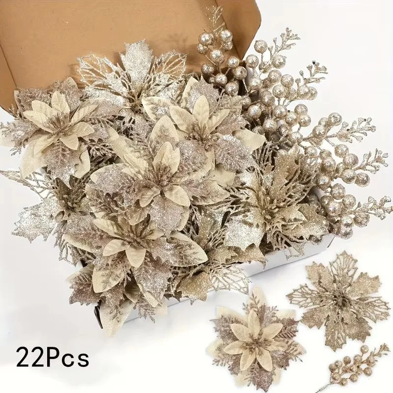 22Pcs Glitter Artifical Fake Berry Bouquet Christmas Flower Heads Christmas Tree Hanging Ornaments Home Decor New Year 2026 Gift