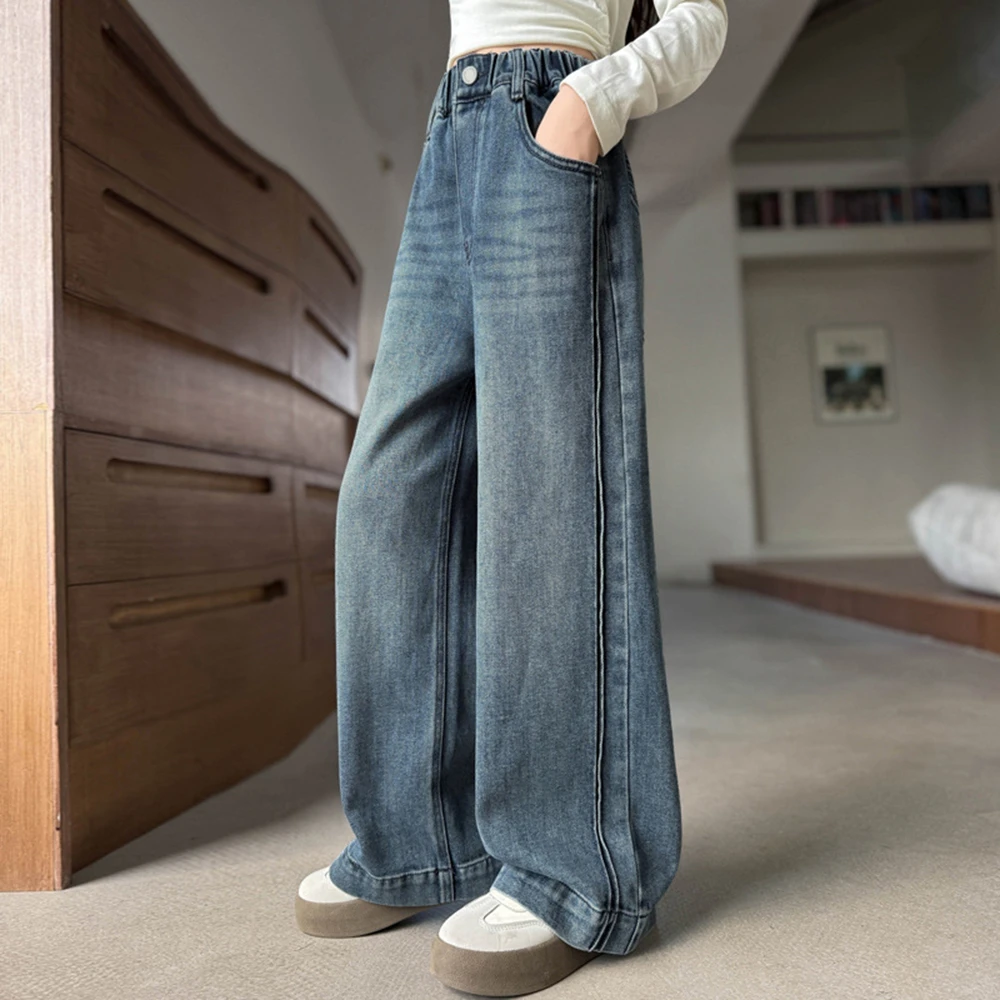 

Новые темно-синие джинсы для девочек-подростков, складные широкие брюки, детские весенне-осенние джинсовые брюки с высокой талией 4, 7, 8, 9, 10, 12, 14 лет