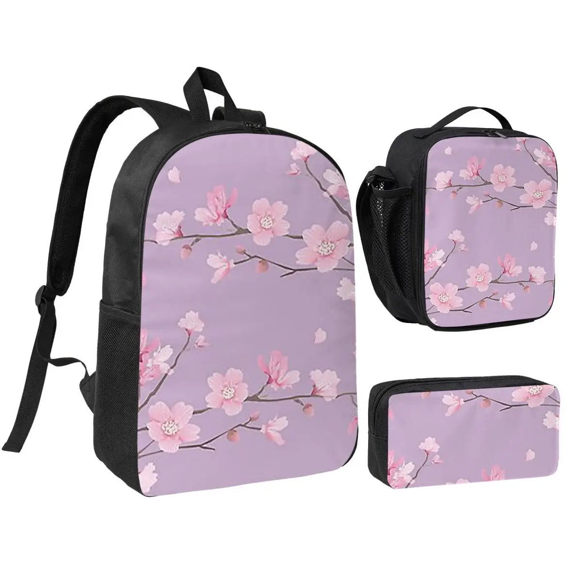 Cherry Blossom Flower Plant - Pastel Purple Backpack BookBag School Bag Shoulder Bags 3ps Insulated Lunch Bag Pencil Case