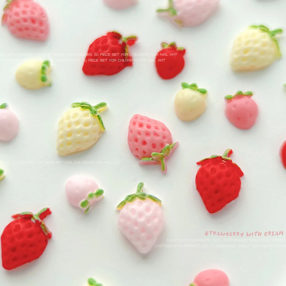 50 sztuk Mix rozmiarów symulowane śliczne truskawkowe ozdoby do paznokci Mix wielokolorowe truskawkowe dekoracje z żywicy na akcesoria do Manicure