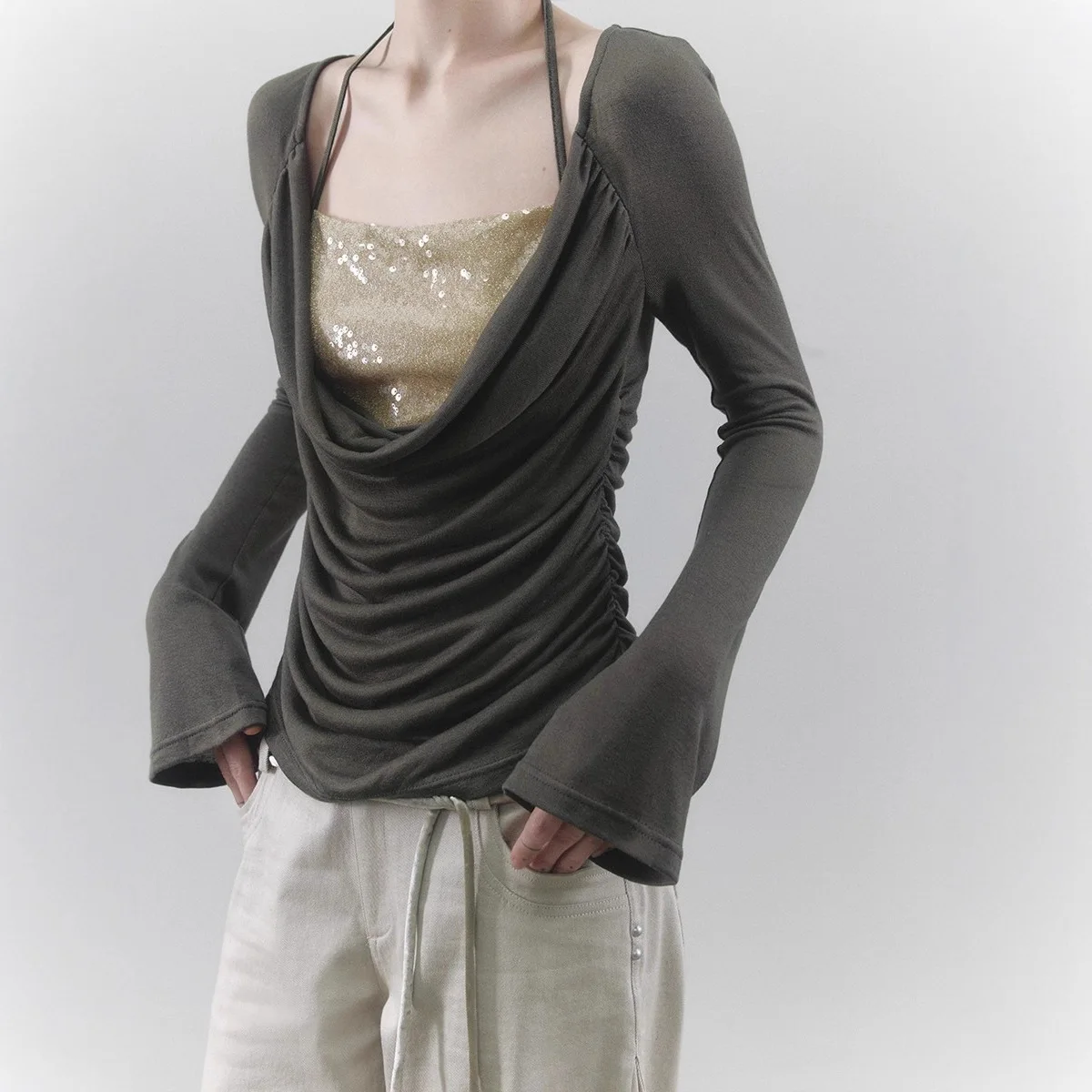 

Base Layer Women's Sequin Tube Top Contrast Color Wool Knitted Top Deep Draped Neck Ruched Halter Fake Two Piece Top T-shirt