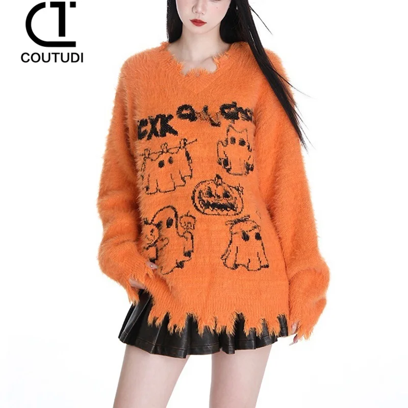 COUTUDI Y2k Oversized Woman Halloween Sweater Gothic Cute Ghost Streetwear Loose Winter Vintage Knit Long Sleeve Knitwear Tops