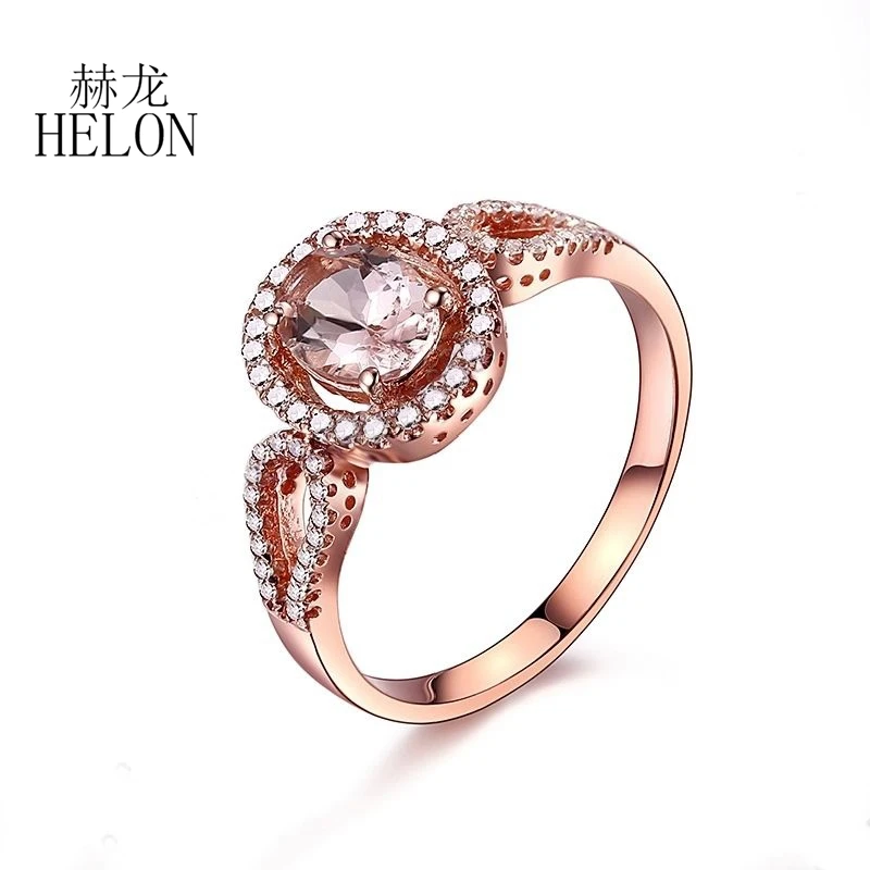 HELON Solid 14K Rose Gold Oval 7x5mm Natural Morganite Diamond Engagement Ring Women Wedding Band Anniversary Bridal Gift