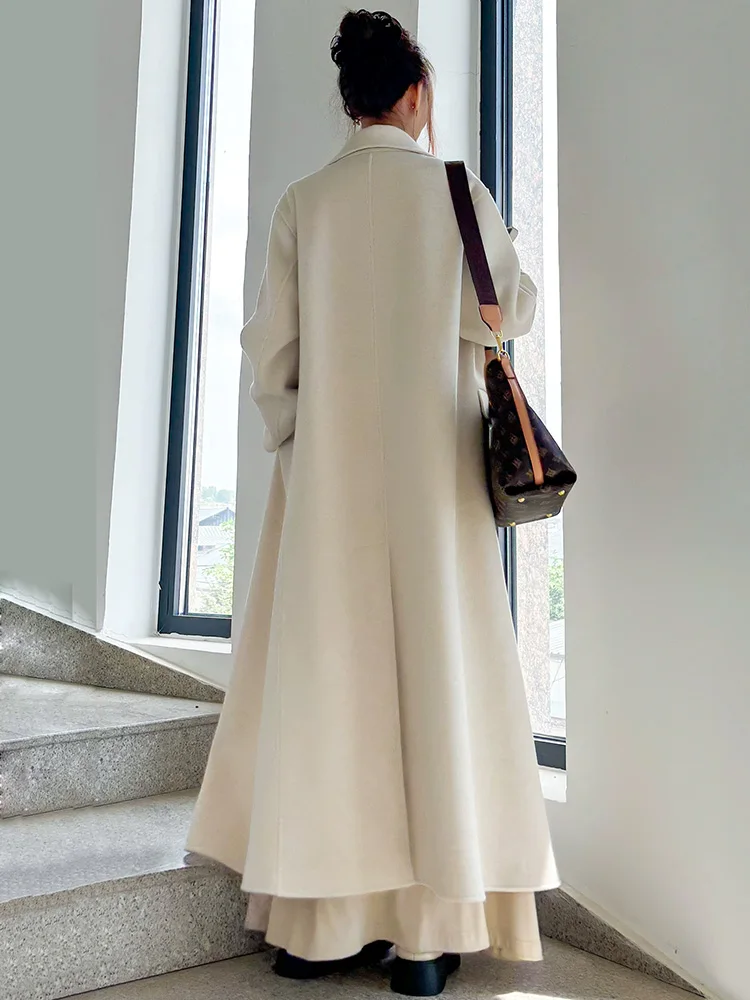 New Women Elegant Wool Blends Coat Autumn Winter Fashion Turn-down Double Breasted Loose Long Woolen Coat Simplicity Daily Coat