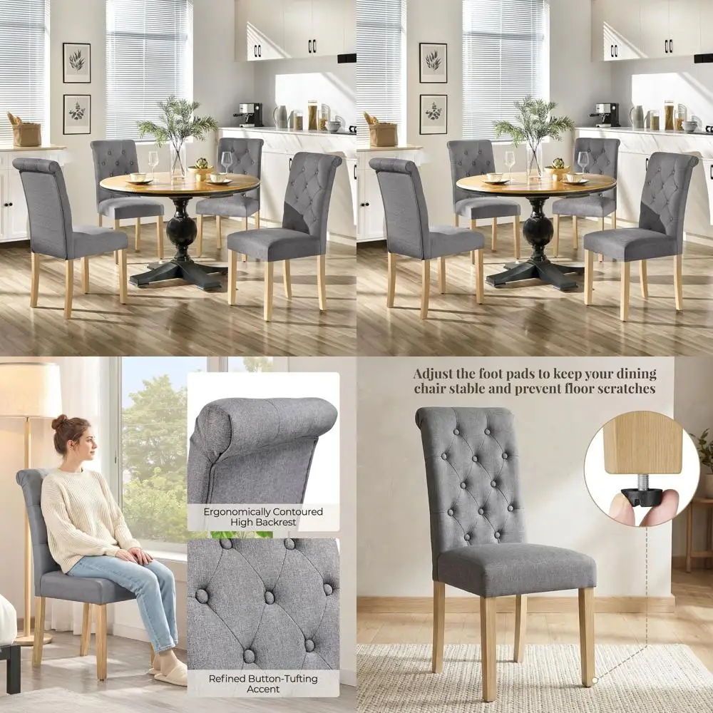 4-Piece Fabric Upholstered Button-Tufted Dining Chairs with Solid Wood Legs for Home and Restaurant Use, Gray