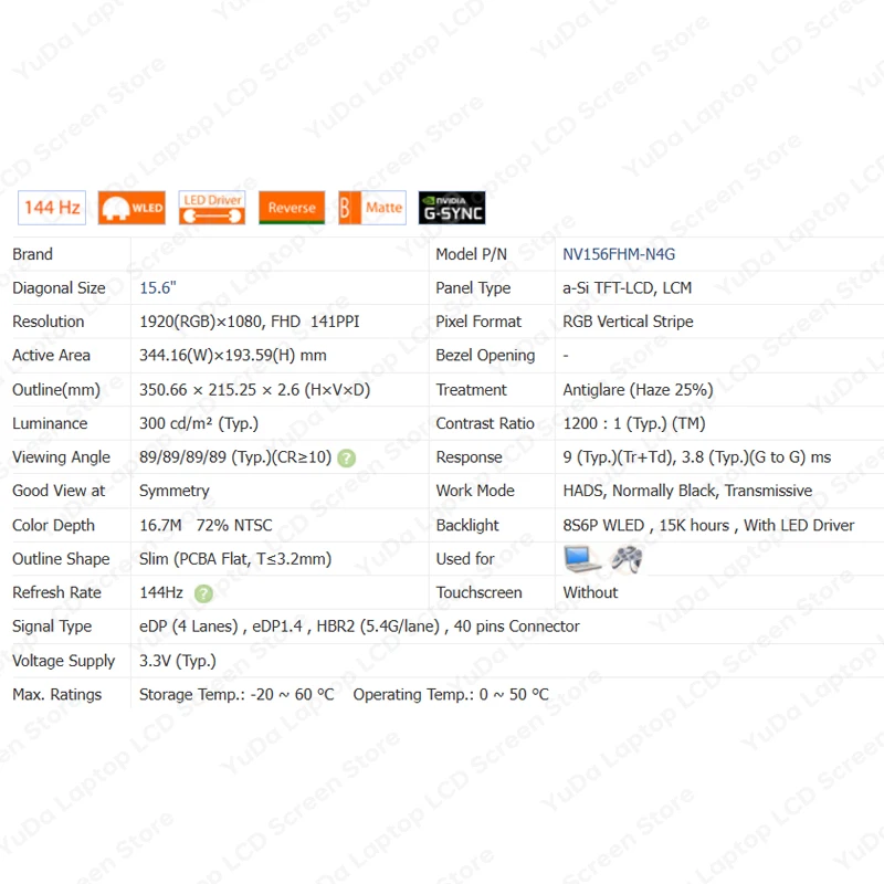 Imagem -04 - Tela Lcd do Portátil Painel da Matriz Fhd 1920x1080 Edp 40 Pinos 15.6 Polegada 144hz Nv156fhm-n4g Nv156fhm-n4j Nv156fhm-n4k