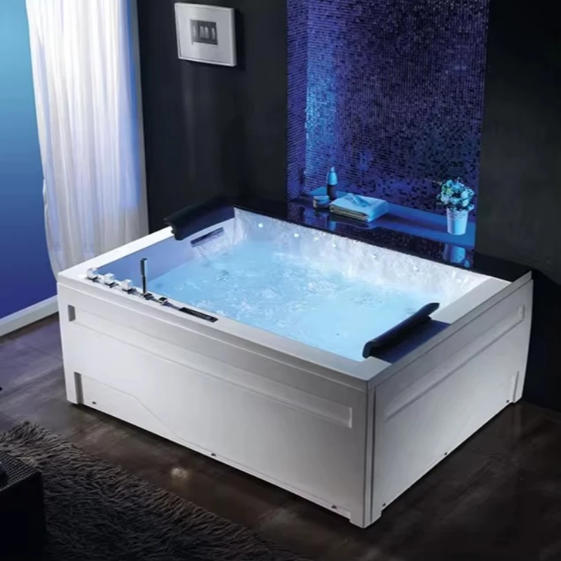 2-Person indoor acrylic spa bath with rectangular waterfall neck, with massage function, suitable for bathroom or villa
