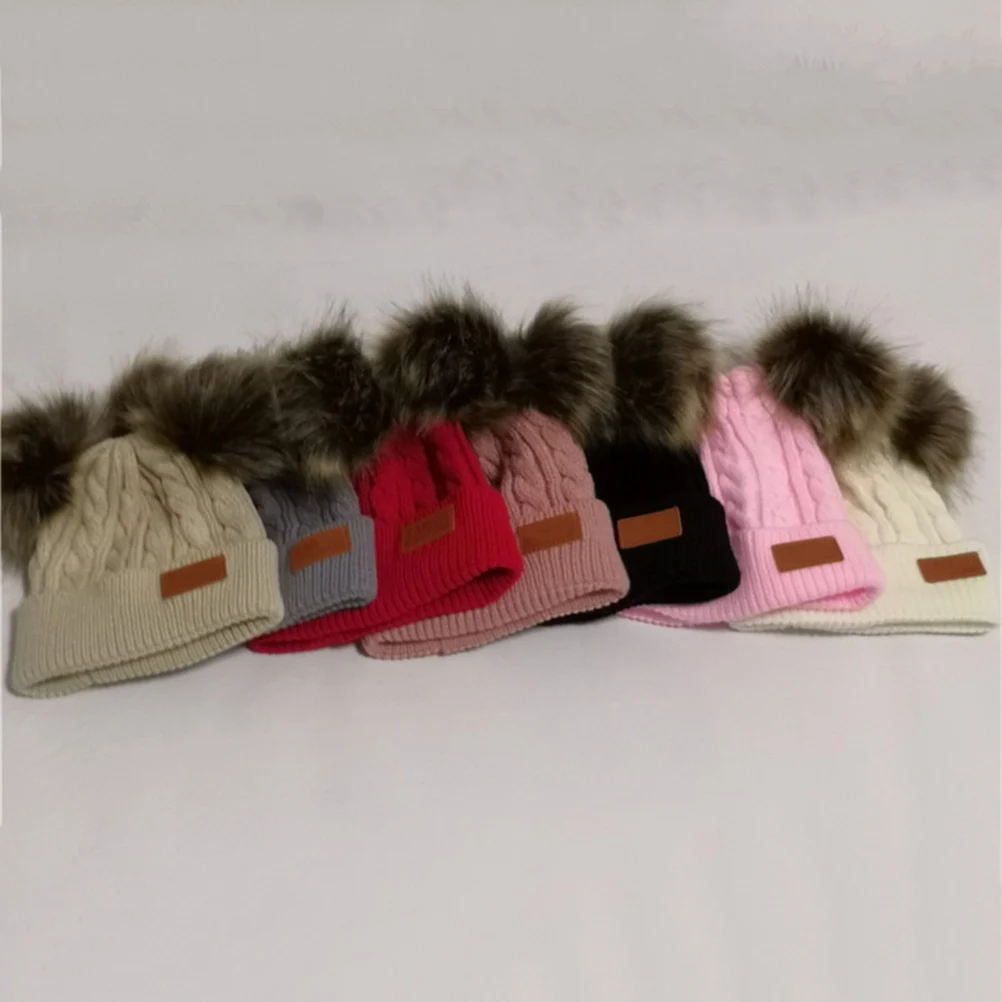

Double Pompom Kids Knitted Hat Winter Warm Beanie Cap For Children Fashion Autumn Birthday Festival Gift Crochet Cap Pink